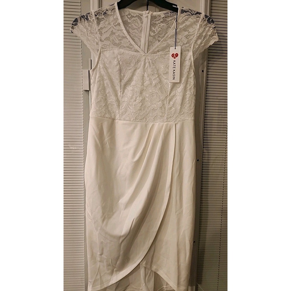 NEW Katie Kasin White Lace Stretch‎ Mini Dress Lace Cap Sleeves Size Medium